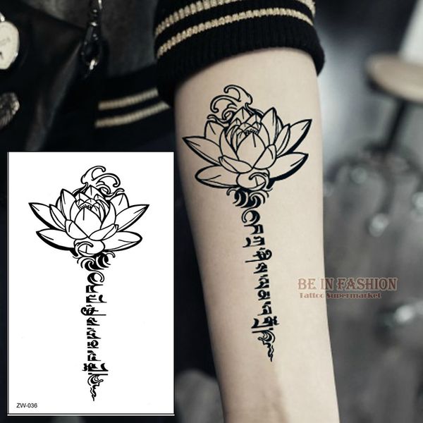 Großhandel - Buddha Lotus entwirft temporäre Tattoo-Buchstaben Sanskrit tibetische Worttattoos Rücken Henna Bein Taille Arm Schulter wasserdicht ZW036