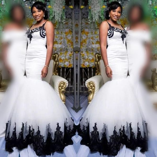 

black and white mermaid wedding dresses south african sheer neck lace appliques bridal gowns satin tulle sweep train wedding vestidos