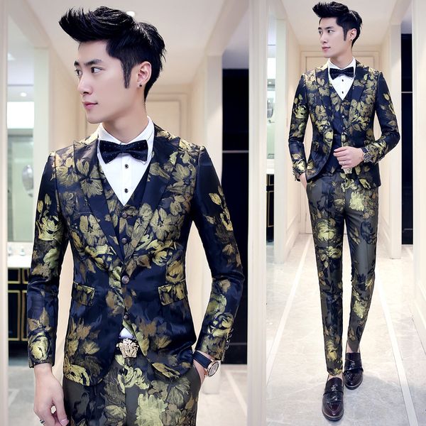 

wholesale- skinny suit pants for men 2016 new 3pcs designer party prom groom wedding suit blue red gold flower trajes de hombres de vestir, White;black
