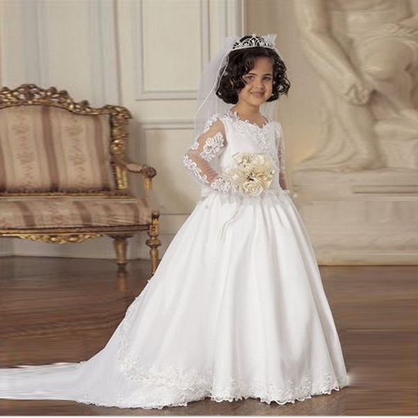 

Lovely Fashionable White Lace Applique Long Sleeve Flower Girls Dresses A-line First Communion Dresses Kids Frock Designs Formal Wear
