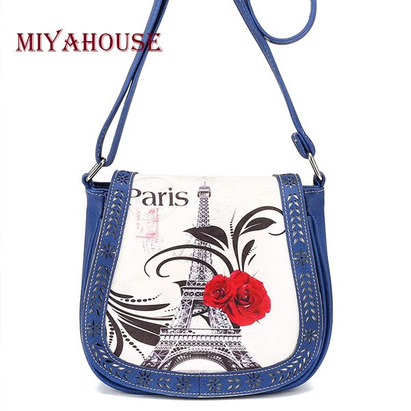 

wholesale- miyahouse hollow out saddle women messenger bag paris tower print ladies handbag leather small female shoulder bag crossbody