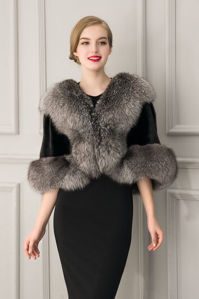 

elegant faux fox fur cape luxury v neck bridal jacket size warm coat for wedding dresses, White