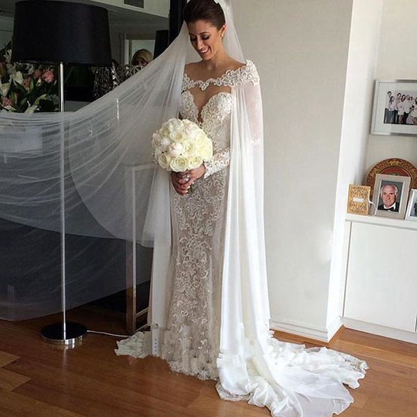 

long sleeves 2017 sheer back weding gowns vestidso de noiva mermaid lace wedding dresses robe de mariee removable cape wedding dress, White
