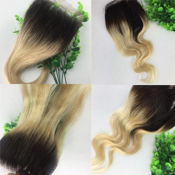 

4x4 lace closure ombre blonde 1b 613 two tone human hair brazilian virgin hair straight body wave bleached knots part swiss lace, Black