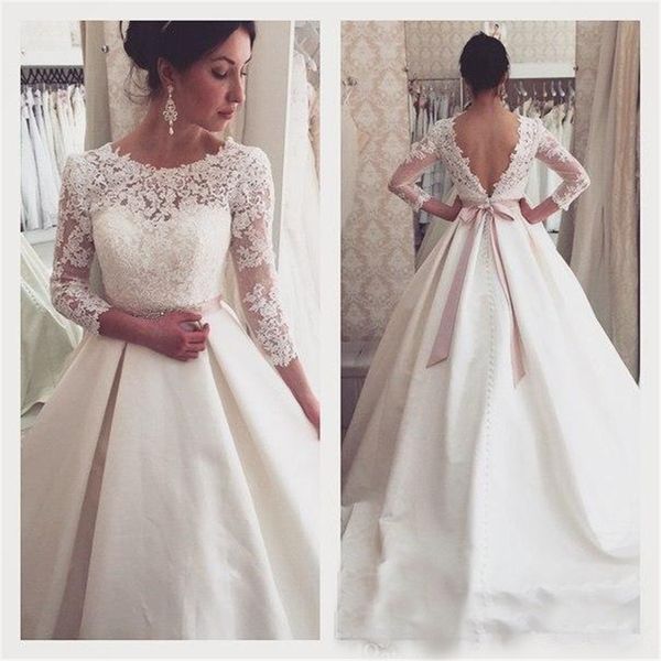 

lace appliques long sleeves backless 3/4 long bridal gowns with ribbon belt new arabic gorgeous a-line wedding dresses vestios de novia, White