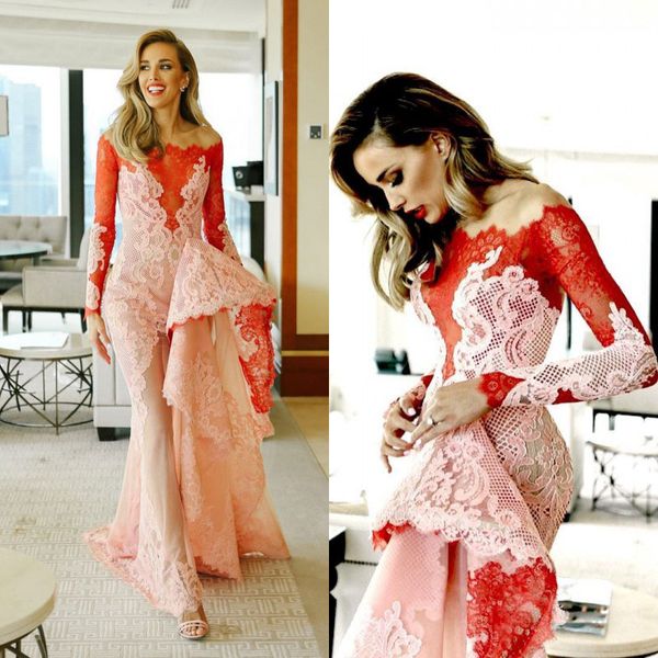 

урожай арабский русалка вечерние платья с длинным рукавом 2019 с плеча платья выпускного вечера кружева аппликация вечернее платье, Black;red