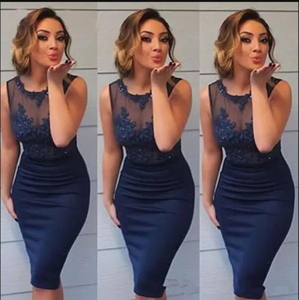 

sheath navy blue short cocktail dresses sheer jewel applique lace prom dress with crystal knee length formal party gowns custom made, Black