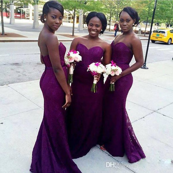 2017 African Luxur Bridesmaid Платья невесты Милая без рукавов свадебные гостью носить фиолетовый полное кружевное длинное вечеринка платье русалка горничная честь платья