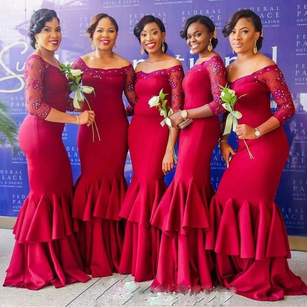 Nigeria Meerjungfrau Brautjungfernkleider Perlen schiere 3/4 Ärmel abgestufte Rüschen rote Spitze Plus Size Custom Kleider Sexy afrikanisches Trauzeuginkleid