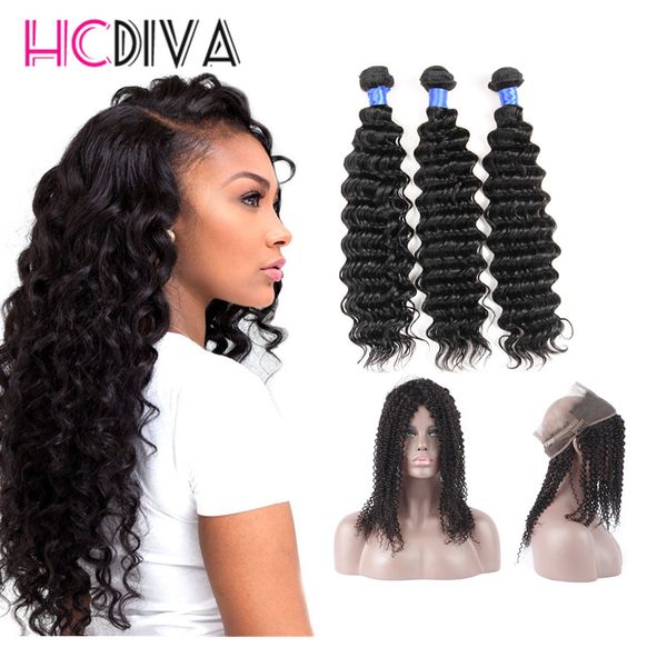 

7A Brazilian Virgin Hair Bundles Deep Wave Hair 360 Lace Frontal with 3 Bundles 100% Unprocessed Virgin Human Hair Extensions Dyeable Thick