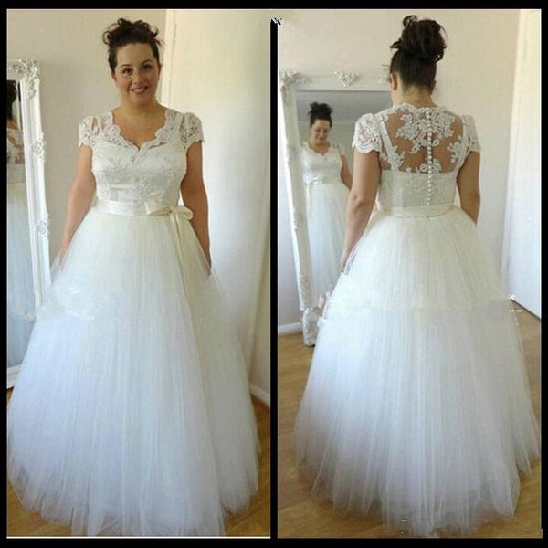 

simple design plus size wedding dresses short sleeve lace tulle ribbon sash a line floor length bridal gowns custom size, White