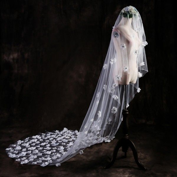 

3d floral appliques bridal cathedral veils bead one layers custom made long tulle wedding veil ing, Black