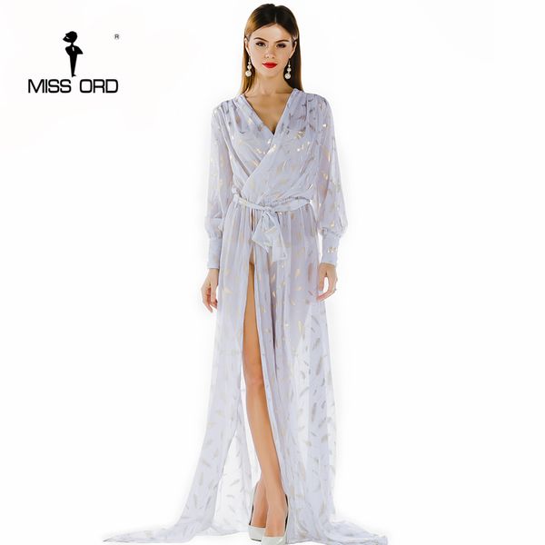 

wholesale- free shipping missord 2017 sexy deep-v long-sleeved printing two split maxi dress ft2858, White;black