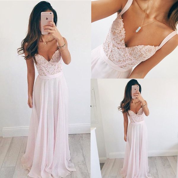 Novas publicações 2017 Bebê chiffon rosa e Lace A linha Prom vestidos longos baratos Modest Spaghetti frisados ​​Formal Evening Partido vestidos personalizados EN2243