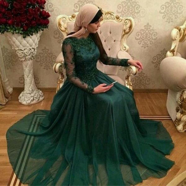 Ballkleider mit Applikationen und langen Ärmeln, elegant, A-Linie, Juwelenausschnitt, Reißverschluss hinten, elegante Partykleider 2017, stilvolle dunkelgrüne Chiffon-Abendkleider