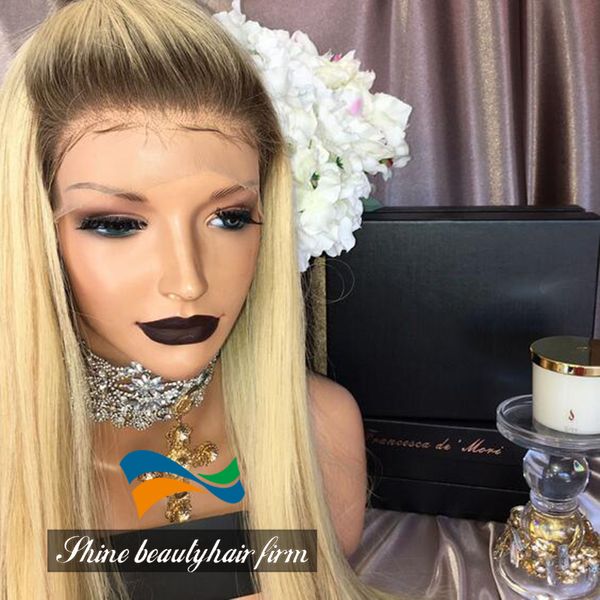 Dark Roots Blonde Silk Top Full Lace Wigs With Lowlights For Sale