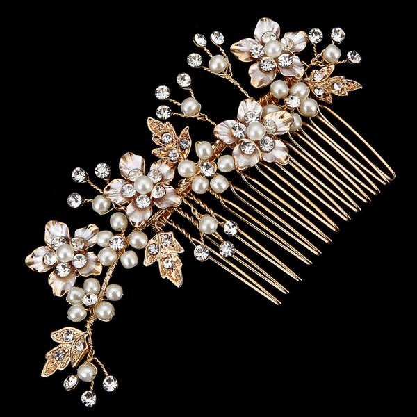 Vintage goldene Braut-Haarkämme für Hochzeiten 2018, modische Braut-Kopfbedeckungen, Perlen, Strasssteine, Kristalle, handgefertigt, 11,5 cm x 6 cm
