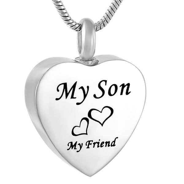 

lkj9788 "мой сын мой друг" форма сердца семья кремация jewlery погребальная урна ожерелье для пепла мужчины женщины кремация медальон, Silver