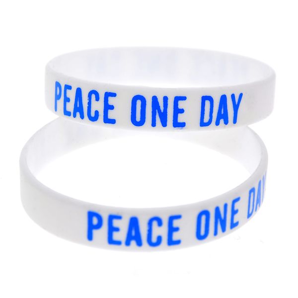 100 Stück 21. September Peace One Day Silikonkautschuk-Armband, bedrucktes Logo, weiß, Erwachsenengröße als Werbegeschenk