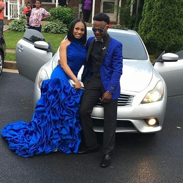 

royal blue high neck mermaid prom dresses appliques beaded sparkly prom gowns ruffles skirt attractive party dress open back, Black