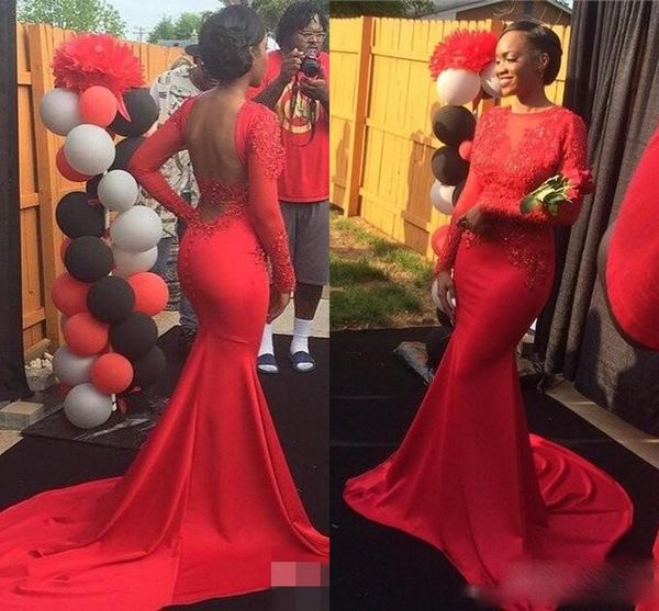 

luxury prom dresses 2017 sheer o-neck applique with long sleeve floor length stretch satin red mermaid formal evening gowns vestido de festa, Black