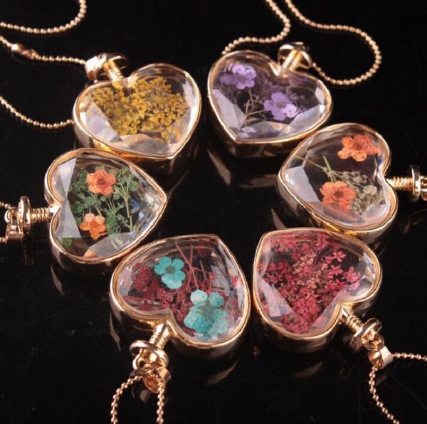 Mode Frauen Mädchen Schmuck Romantische Kristall Glas Herz Form Schwimm Medaillon Getrocknete Blume Pflanze Anhänger Kette Halskette