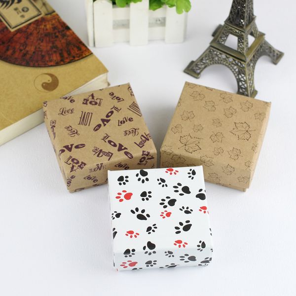 

[simple seven] 8*8*4cm printed love jewelry set kraft paper square box, maple leaves necklace carrying box, dog footprints bangle display, Black;white