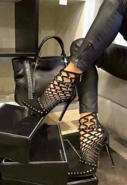 

2017 new women gladiator sandals boots thin heel cuts out booties point toe boots mujer botas party shoes ladies spike stud boots women, Black