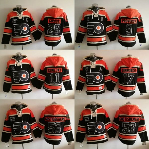 

men's 2017 stadium series hockey philadelphia flyers 93 jakub voracek 53 shayne gostisbehere 28 claude giroux 27 ron hextall hoodie jer, Black;red