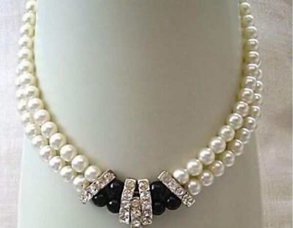 

2 rows white akoya cultured pearl & back agate necklace, Silver