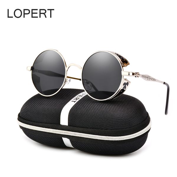 

wholesale- lopert gothic steampunk polarized men women sunglasses brand designer coating mirrored round circle vintage sun glasses for men, White;black