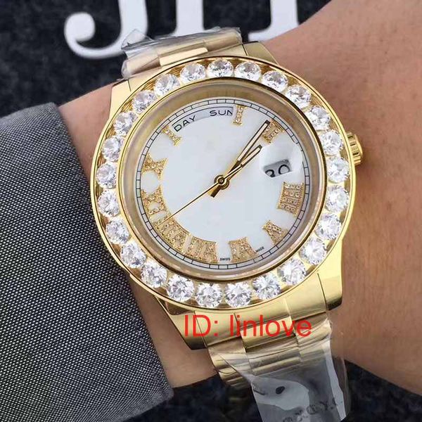 Luxury Gold 18K President Day-Date Big Watch Uomo Diamanti inossidabili Quadrante con diamanti Lunetta Orologi automatici di design Orologio da polso298A