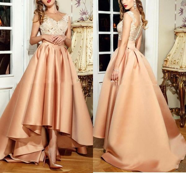 

2017 high low lace satin prom dresses cap sleeves sheer neck illusion back formal evening dresses ba6770, Black