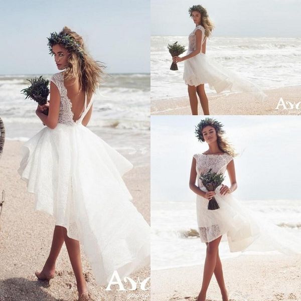 

simple hi-lo summer beach lace short wedding dresses backless sheer bateau neck sleeveless ruffles chiffon 2017 bohemia bridal gowns, White