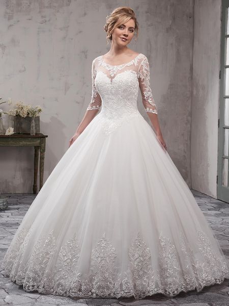 

stunning ivory ball gown wedding dresses scoop sheer with applique 3/4 long sleeves backless floor length bridal gowns backless, White