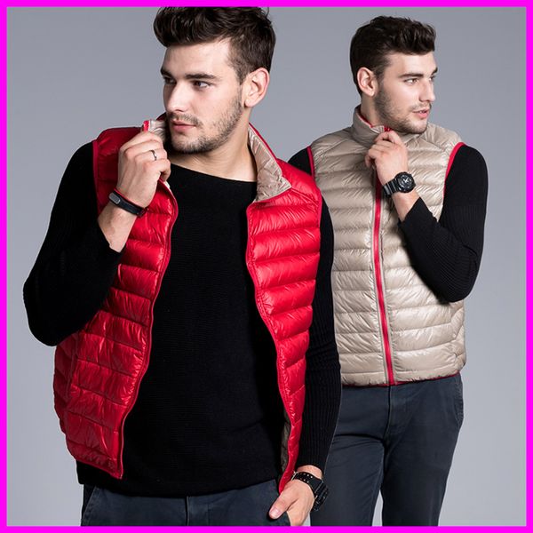 

wholesale- mens winter autumn 90% duck down vest ultra light down vest reversible two sides wear waistcoat vest sleeveless jacket, Black;white