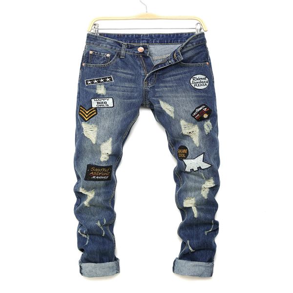 

Halloween Denim Biker jeans Men Skinny Slim elastic jeans hip hop Washed printing Patched beggar male jeans size 28-36