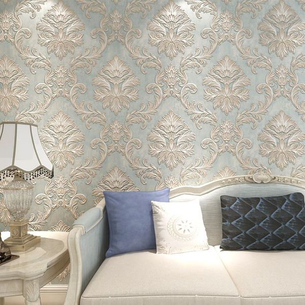 

European Style 3D Embossed Damascus Wallpaper Blue Damask Non-woven Wallpaper For Bedroom Walls Living Room TV Background Wall