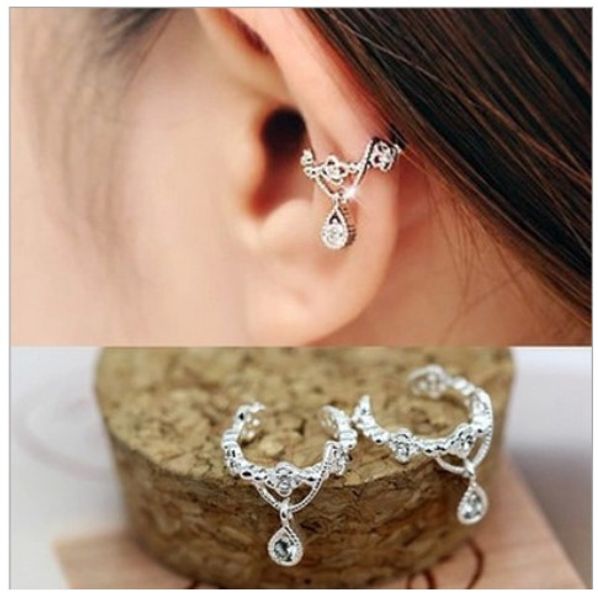 

fashion new 925 sterling silver rhinestone ear cuff waterdrop non-pierced ears earring jewelry gold silver ear clip earrrings