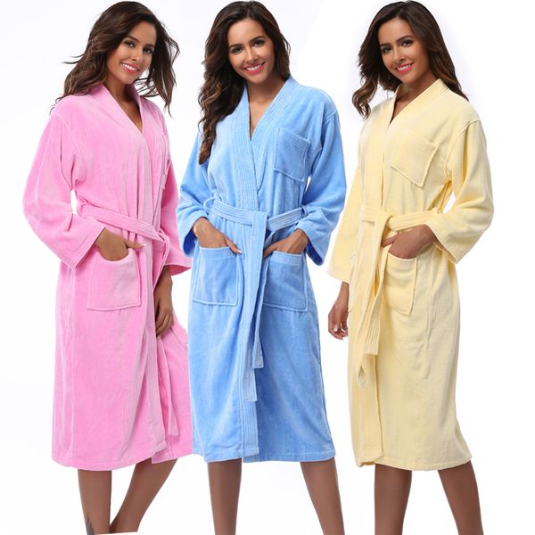 

wholesale- women robes 2016 winter warm cotton sleepwear kimono robe woman l spa long sleeve soft plush bathrobe solid nightgown pijama, Black;red