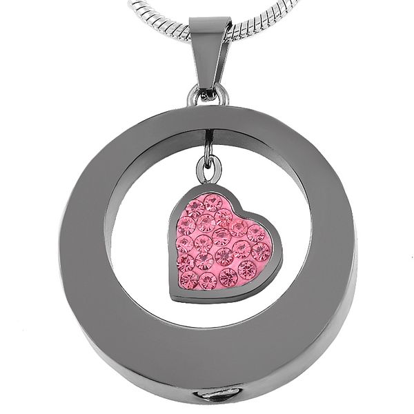 

ijd8251 stainless steel ash jewelry charm heart shape full of shiny pink crystal cremation urn necklace, Silver