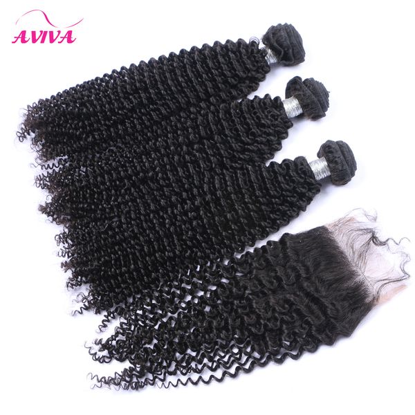 Russo Kinky Curly Virgin Weaves com fechamento 4 PCS / lote Unprocessed Russo Curly Virgin Bundles com top lace fecho macio completo