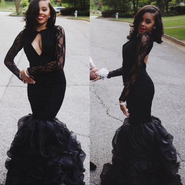 

2020 fashion black lace long sleeves prom dresses mermaid keyhole neck backless layered skirts illusion evening red carpet gowns