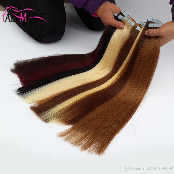 Кожа утка ленты в человеческих волосах расширения 100% Реми человеческих волос перуанские прямые волосы 18 20 22 24 дюйма 100 г 40 шт Заводская розетка дешевые