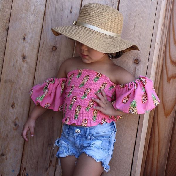 

new baby girls clothing set pineapples printed shirt + denim shorts 2pcs outfits kids clothing cute summer baby girls clothes set, White