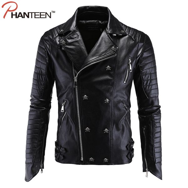 

wholesale- phanteen punk man jackets skull rivet pu faux leather autumn motorcycle jackets fashion men clothing plus size 5xl, Black;brown
