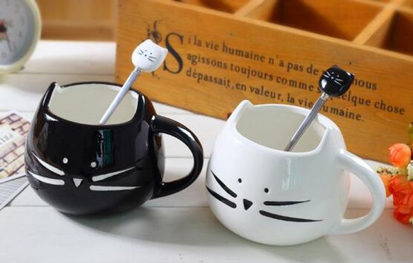 

new stainless steel cartoon spoons cat ceramic spoons unique ice cream flatware kitchen tool black white