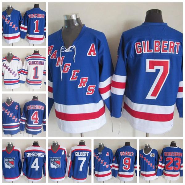 

new york rangers hockey 1 eddie giacomin 4 ron greschner blue 7 rod gilbert white 9 adam graves 35 mike richter jersey, Black;red