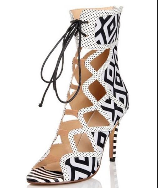 

Fashion black and white boots high heeled boots fish mouth hollow nightclub cool boots lace up classic women thin heels high pump ladies