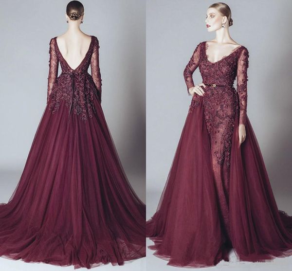 

Elegant Burgundy Evening Dresses V Neck Long Sleeves Backless Red Carpet Dress Elie Saab Middle East Arabic Prom Party Gowns